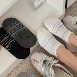 Close-up detail of summer thin low cut stripe socks in cozy home scene presentation.