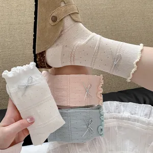 Calze Estive Sottili Casual in Cotone da Donna Stile Giapponese Dolce Finitura in Pizzo Fiocco a Metà Polpaccio Traspiranti Tinta Unita