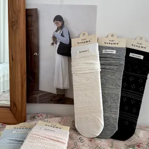 Detailed view of hollow mesh stacking socks with fabric labels, stylish ins design for summer.