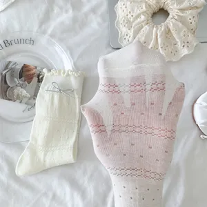 Calzini donna estivi sottili stile dolce pizzo traspirante fiocco tubo medio moda quotidiana