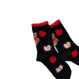 Women winter fuzzy cozy black mid-calf socks with red trim cute bear and heart pattern