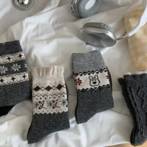 Women winter warm wool mid tube socks fair isle pattern thick cozy knitted hosiery