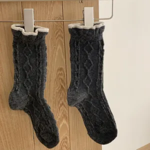 Women thick wool knit mid tube socks dark gray winter warm cozy casual socks apparel