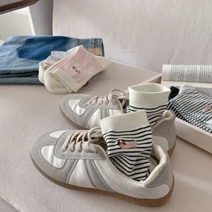 Cute striped mid-tube socks with dog embroidery, comfortable cotton socks for women, spring style.