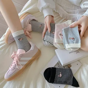 Women striped mid tube socks cute puppy embroidery combed cotton casual slouch socks daily wear