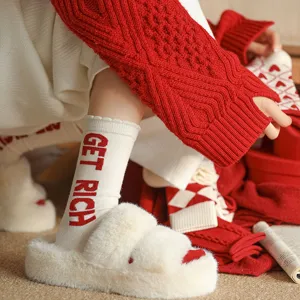 Gros plan détaillé de chaussettes d'hiver douillettes avec texte rouge et chaussons moelleux.