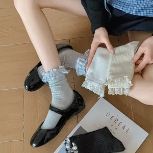 Japanese style sweet vintage ruffle mid-tube socks, Lolita daily cute stacked socks for women.