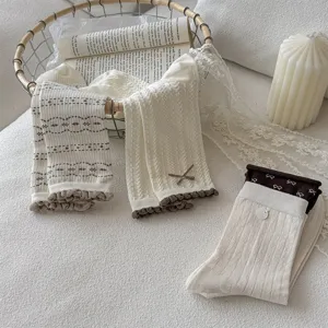 Women's mid-tube socks sweet style cable knit ruffles bowknot cute vintage cotton daily wear