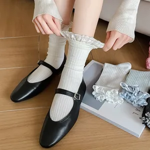 Women retro ruffled mid-calf socks Japanese Lolita style white fashion cute stacking hosiery