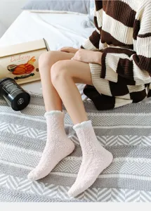 Cozy winter plush fuzzy socks detail view, soft coral fleece warm sleep socks for women indoor wear
