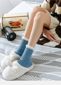 Cozy winter thick fleece home socks detail, showing plush warm mid-calf fit for indoor.