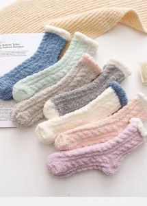 Cozy fleece winter mid-tube socks with cable knit texture, multi-color warm floor socks.
