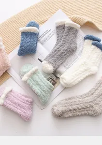 Cozy winter coral fleece fuzzy socks detail, soft thick warm floor socks for women comfort.