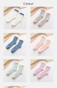Winter thick warm coral fleece mid-calf socks cable knit cozy fuzzy floor socks for women.