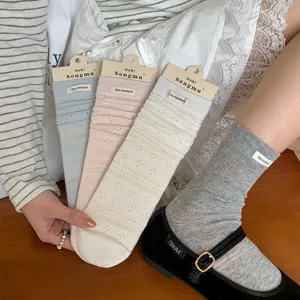Women cute breathable hollow out stackable socks with small fabric label sweet style