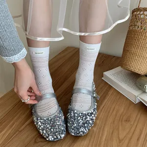 Breathable mesh women mid-calf socks with letter cloth label for spring summer wear.