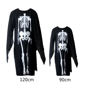 Detail view of black Halloween skeleton costumes featuring white bone print in 120cm and 90cm.