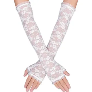 Elegant women long white lace gloves 45cm fingerless floral sun protection gloves for outdoor driving
