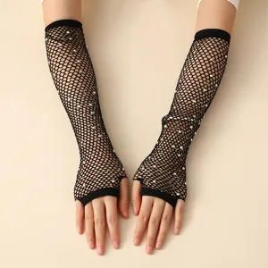 Black long rhinestone fishnet gloves sexy mesh party arm sleeves for women dress up.