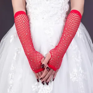 Red fishnet rhinestone gloves long mesh fingerless dress up party costume gloves for women wear