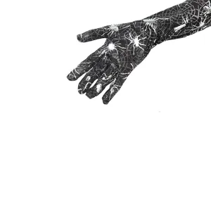 Halloween black long gloves with silver spider web print, perfect for party costume wear.