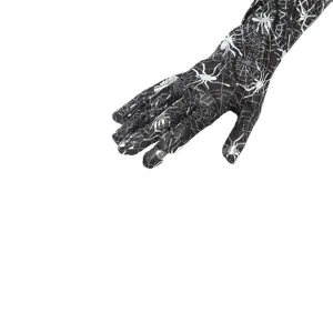 Halloween black long gloves with spooky white spider web prints, stretch costume accessories.
