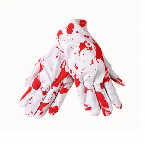 Weisse Halloween Handschuhe mit rotem Blutspritzer-Design, ideal fuer Party-Kostuem-Cosplay.