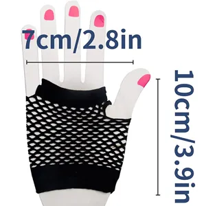 Detail shot of black short mesh fishnet gloves, showcasing net texture and product dimensions.