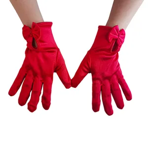 Red satin bow gloves for women, vintage stretch evening party bridal dress accessories.