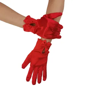 Red satin evening gloves with bow and keyhole detail for women bridal party wear.