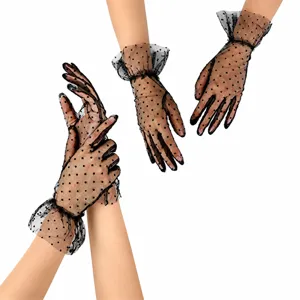 Women Short Lace Gloves Polka Dot Ruffle Mesh Sun Protection Wedding Bridal Party Performance Gloves