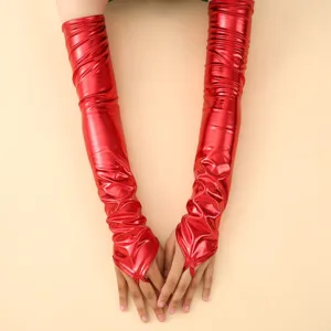 Women 48cm long patent leather fingerless gloves sexy evening party opera red gloves