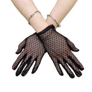 Women Summer Sun Protection Lace Gloves Sheer Mesh Polka Dot Short Gloves Breathable Driving Party Fashion Gloves