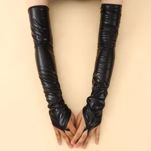 Long black patent leather fingerless gloves for women, sexy opera party costume accessories.
