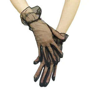 Women black sheer mesh ruffled short gloves elegant party wedding evening opera gloves