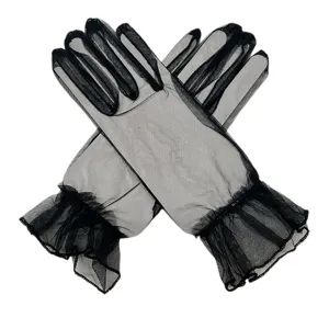 Women black sheer mesh gloves with ruffled cuffs, elegant short evening party wedding gloves.