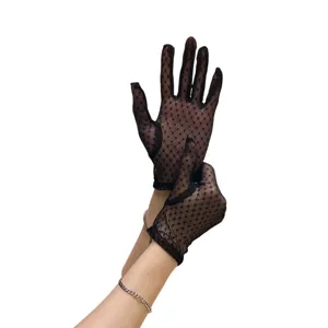 Sheer black polka dot mesh short gloves for women, breathable sun protection summer style.