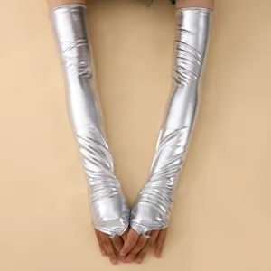 48cm Long Metallic Silver Patent Leather Fingerless Gloves For Women Sexy Opera Party.