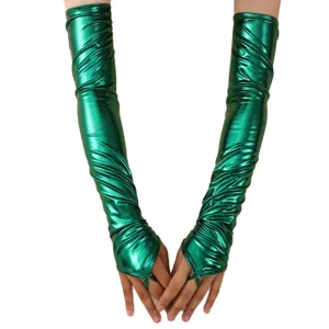 Shiny metallic green long fingerless opera gloves for women sexy party dress and evening wear.