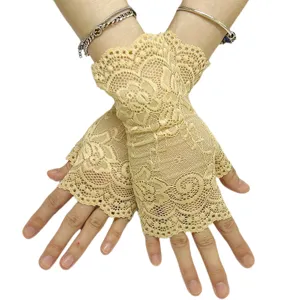 Summer women short lace fingerless gloves beige bridal wedding sun protection accessories