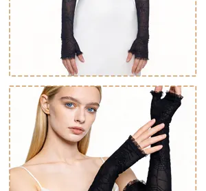 Vue détaillée de manches en dentelle noire motif toile d'araignée, gants gothiques sans doigts.
