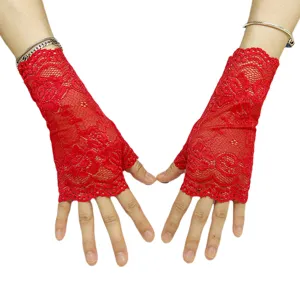 Red short lace fingerless gloves for women, summer sun protection and elegant wedding wear.