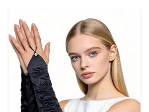 Elegant satin ruched long bridal evening gloves featuring sparkling rhinestone and finger loop.