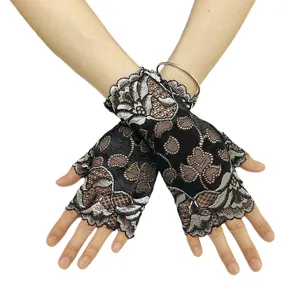 Black lace fingerless gloves for women summer sun protection breathable thin driving gloves.