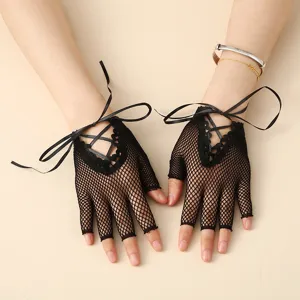 Women Nylon Sexy Fishnet Half Finger Gloves Black Elastic Lace Up Gothic Punk Party Clubwear Costume Accessories