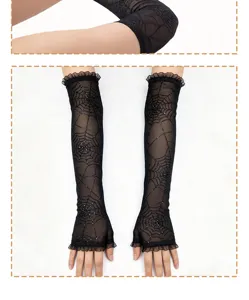 Mancherons longs noirs dentelle motif toile d'araignee gothique, gants anti-UV details de mode.