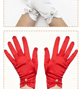 Satin bridal short gloves detail showing delicate pearl decoration and smooth fabric texture.