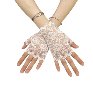 Women white lace fingerless gloves short floral lace wrist gloves party wedding bridal driving