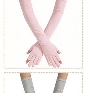 Detailed close-up view of pink UV protection arm sleeves and fingerless gloves for summer.