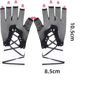 Black fishnet fingerless gloves punk lace-up short mesh gloves for women evening party cosplay.